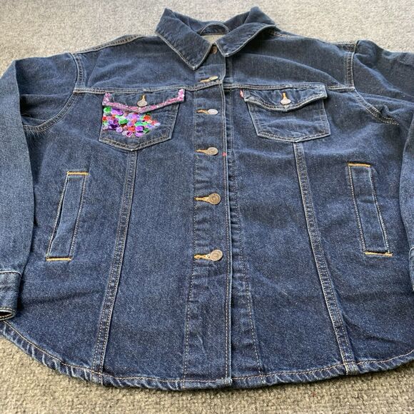 Levi’s Denim Jacket Women’s 1X Trucker Biker Blue Dark Wash Decorated Pocket - Picture 3 of 16